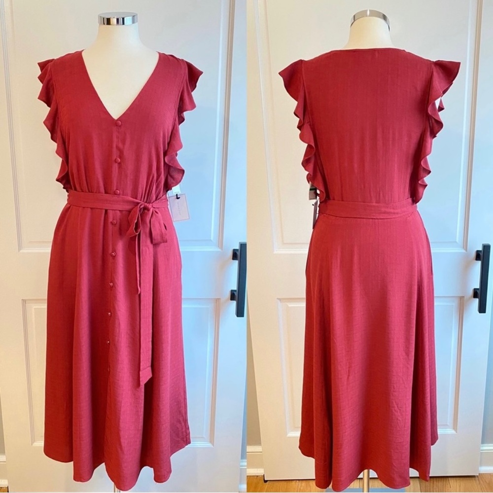 1. State NEW Button Front Red Midi Dress Size L